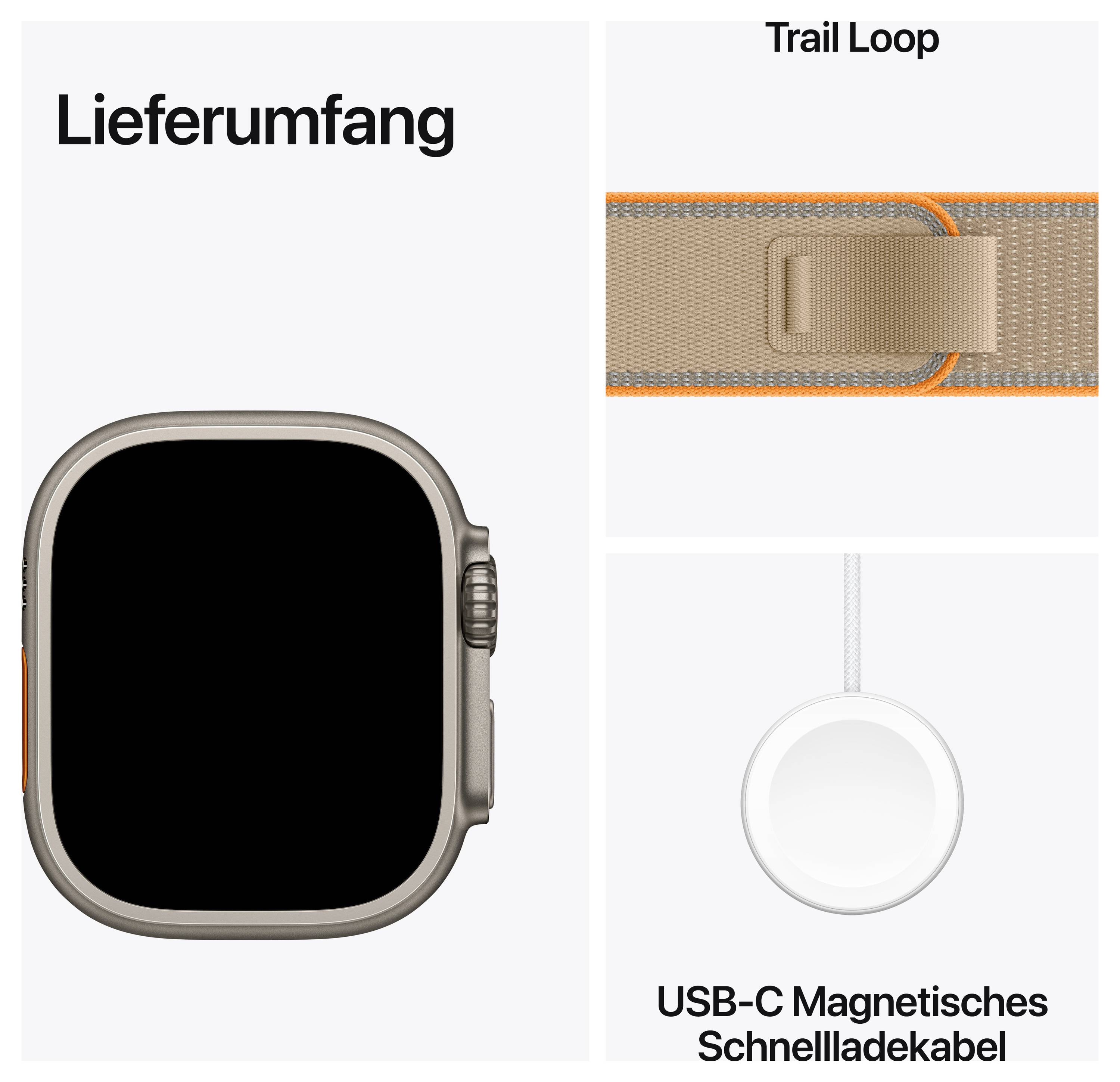 Grafik zeigt den Lieferumfang einer Smartwatch: Uhr, Trail Loop und USB-C magnetisches Schnellladekabel.