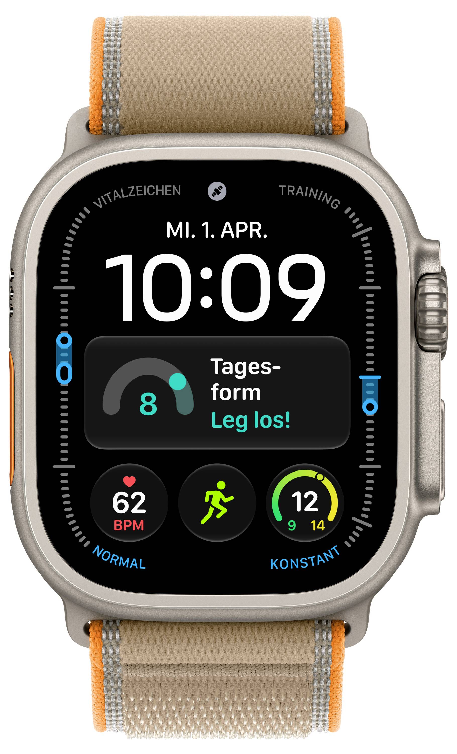 Apple Watch zeigt ein Fitness-Dashboard auf Deutsch: Uhrzeit 10:09, Datum MI. 1. APR., mit Trainingsaufforderung „Tages-form" und Herzfrequenz 62 BPM.