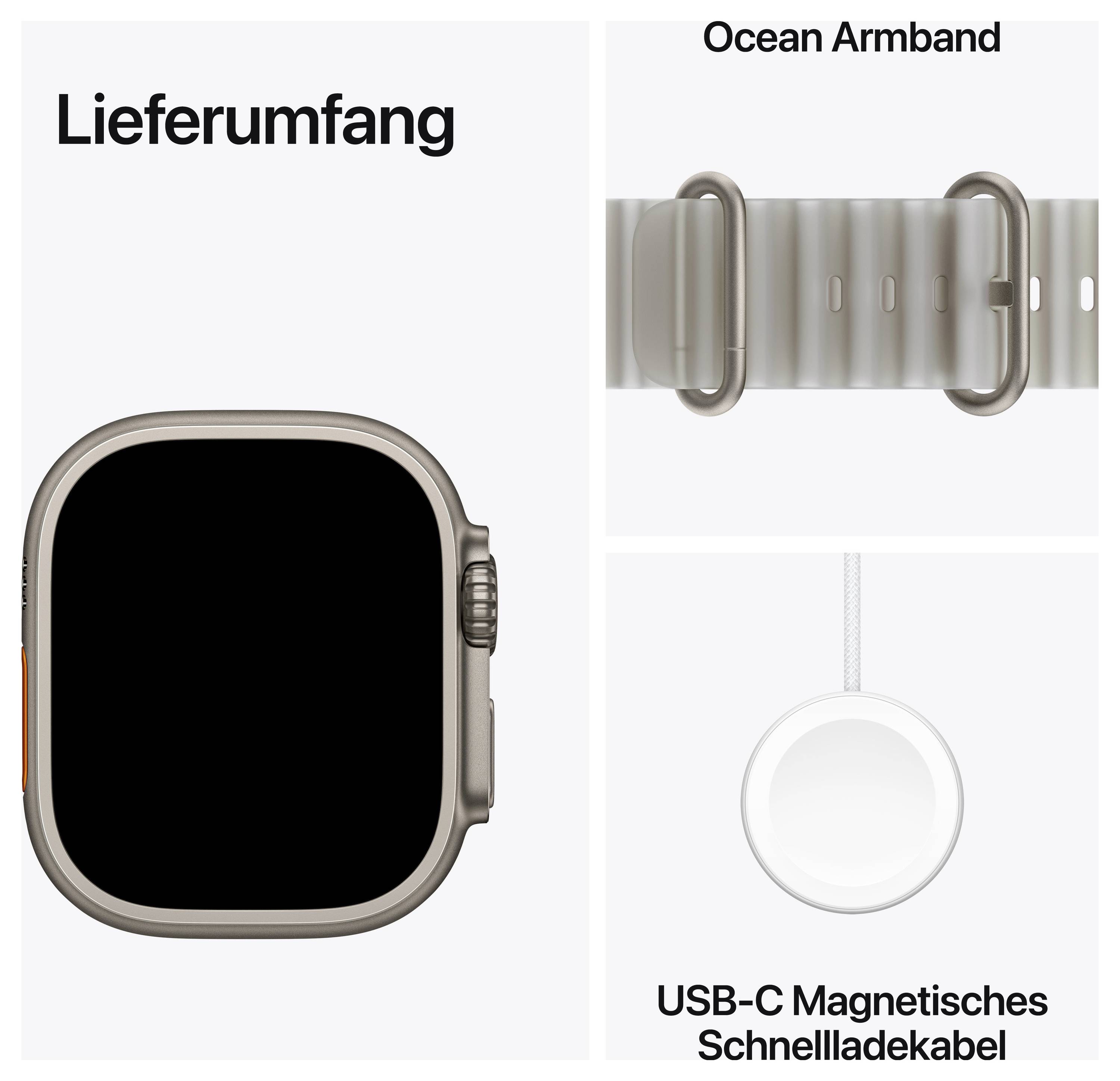 Bild mit Apple Watch Ultra: links die Uhransicht, rechts das Ocean-Armband und ein USB-C-magnetisches Schnellladekabel als Lieferumfang.