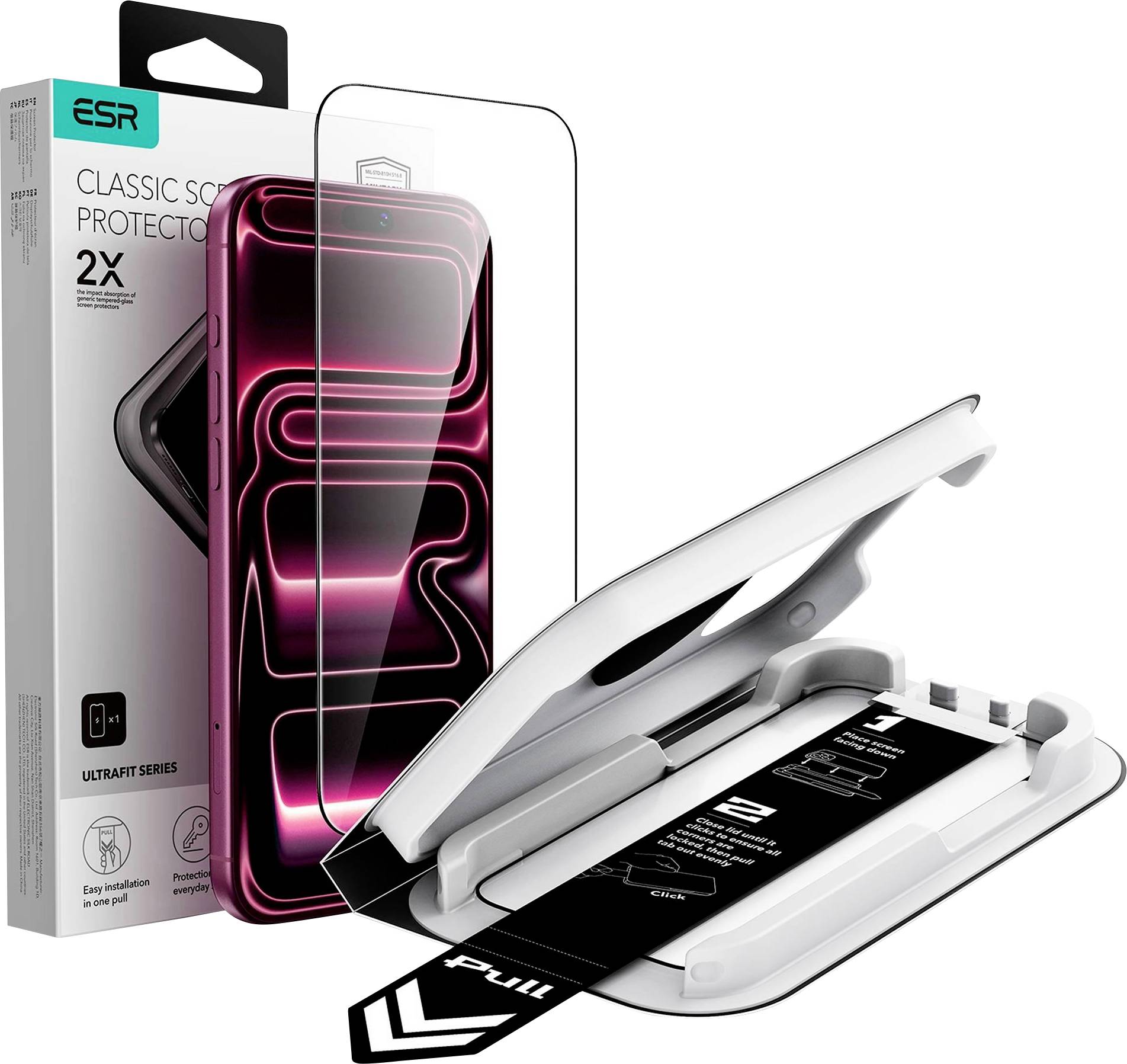 ESR Classic Displayschutzfolie 2er-Pack für iPhone, gezeigt mit Verpackung, einer transparenten Schutzfolie und einem Installationstablett mit Lasche zum Abziehen.