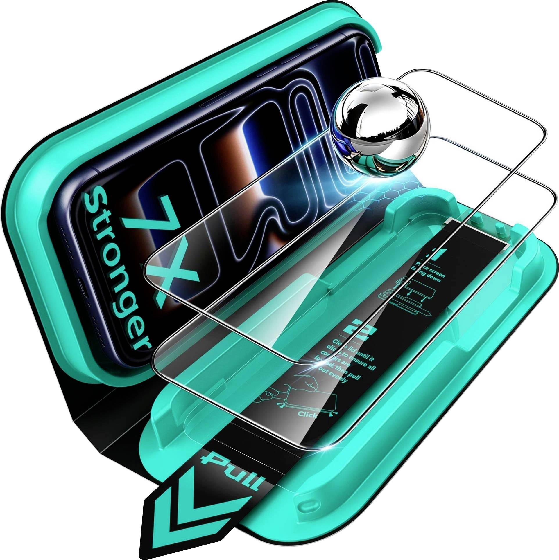 Stilisierte 3D-Darstellung eines blaugrünen Smartphones mit transparentem Gehäuse und Chromkugel, auf dem Bildschirm „7x stärker" angezeigt.