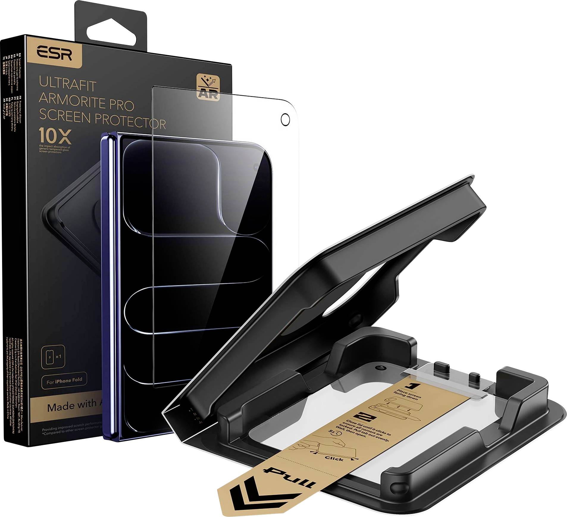 ESR iPhone-Displayschutzfolien-Set mit Applikator-Tablett, Schutzglasfolien und Einzelhandelsverpackung auf weißem Hintergrund dargestellt.