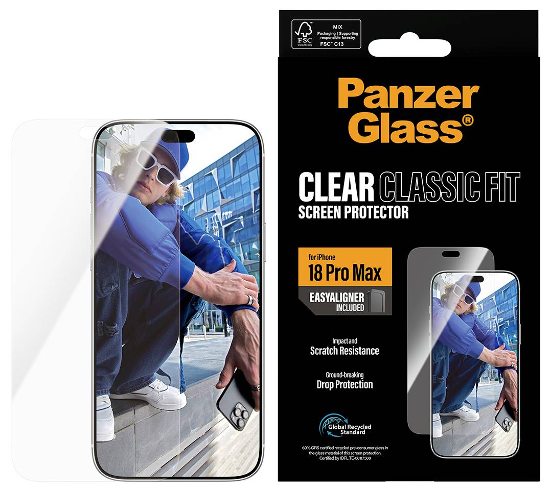 PanzerGlass Clear Classic Fit Displayschutz für iPhone 18 Pro Max, zeigt ein Telefon mit einer Schutzglasfolie und Verpackung, die Kratzer- und Sturzschutz hervorhebt.