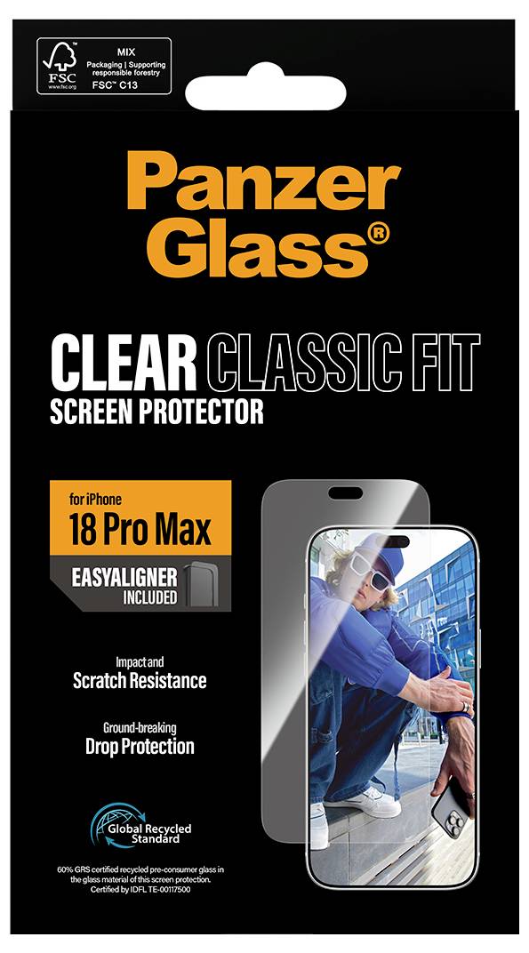 PanzerGlass Clear Classic Fit Displayschutz für iPhone 18 Pro Max, mit easyAligner im Lieferumfang enthalten und Angaben zu Kratzfestigkeit und Sturzschutz.
