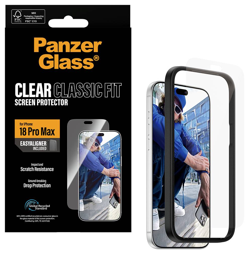 PanzerGlass Clear Classic Fit Displayschutz für iPhone 18 Pro Max, mit EasyAligner und Kratzer-/Sturzschutz.
