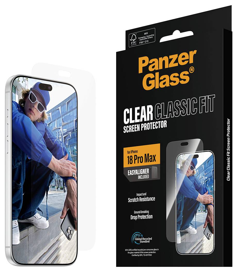 PanzerGlass Clear Classic Fit Displayschutz für iPhone 18 Pro Max, mit Abbildung eines Telefons mit transparentem Schutz sowie Angaben zu Stoß- und Kratzersch schutz.