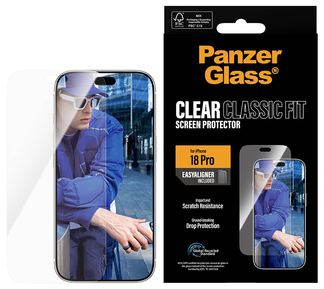 PanzerGlass Transparente Classic Fit Displayschutzfolie für iPhone 15 Pro mit Verpackung, die ein Telefon mit installiertem Schutz zeigt und Kratzerbeständigkeit sowie Fallschutz hervorhebt.