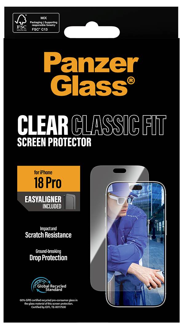 PanzerGlass Clear Classic Fit Displayschutz für iPhone 18 Pro, mit Schwerpunkt auf einfache Ausrichtung, Kratzfestigkeit und Fallschutz.