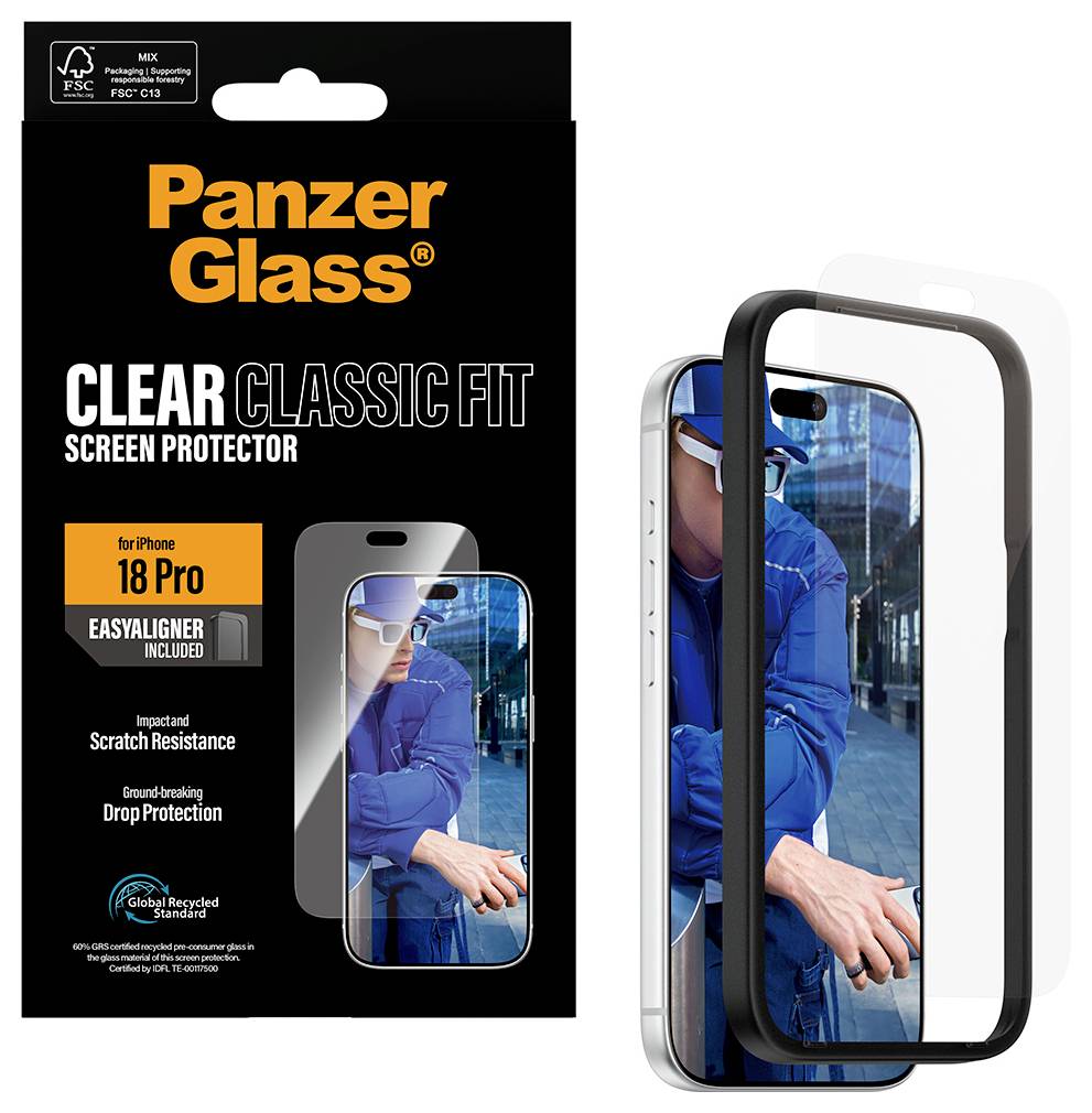 PanzerGlass Clear Classic Fit Displayschutzfolie für iPhone 18 Pro mit Easy-Align-Funktion und Schutz vor Kratzern und Stürzen.