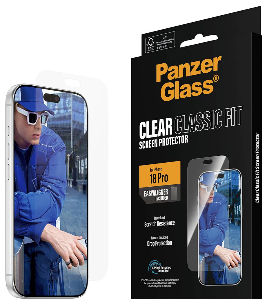PanzerGlass Clear Classic Fit Displayschutzfolie für iPhone 18 Pro, gezeigt neben einem Telefon mit angebrachtem transparentem Schutzfilm.