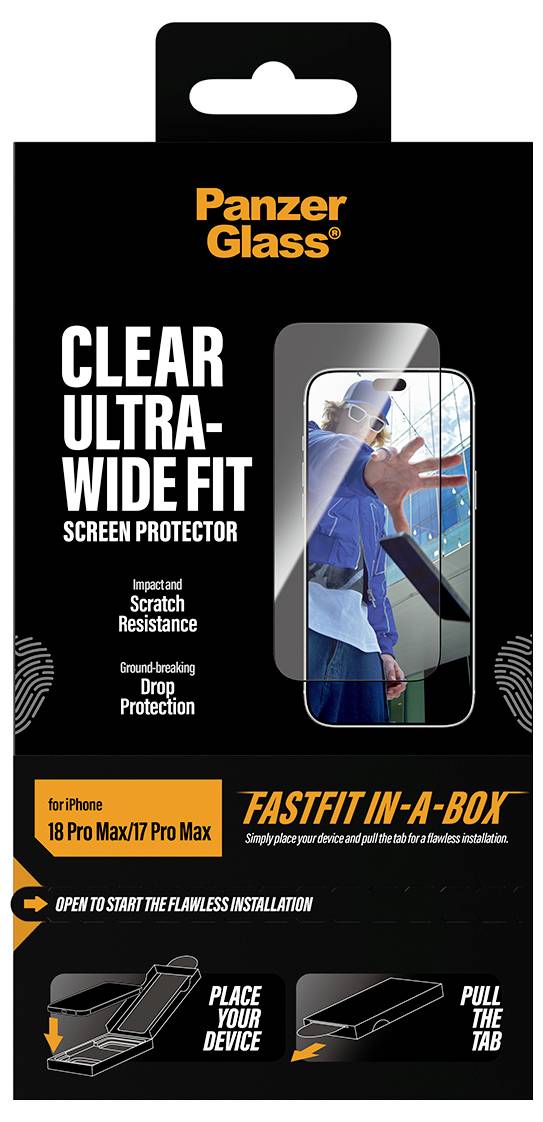 PanzerGlass Displayschutzfolie für iPhone 16 Pro Max/17 Pro Max, transparent mit ultrabreiter Passform, Kratz- und Sturzschutz und FASTFIT-Boxeninstallation.