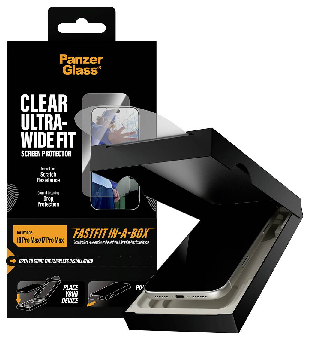 PanzerGlass Klare Ultra-Breitpassform-Displayschutzfolie mit Telefonhüllen-Illustration und "FastFit-in-der-Box"-Installationsanweisungen.