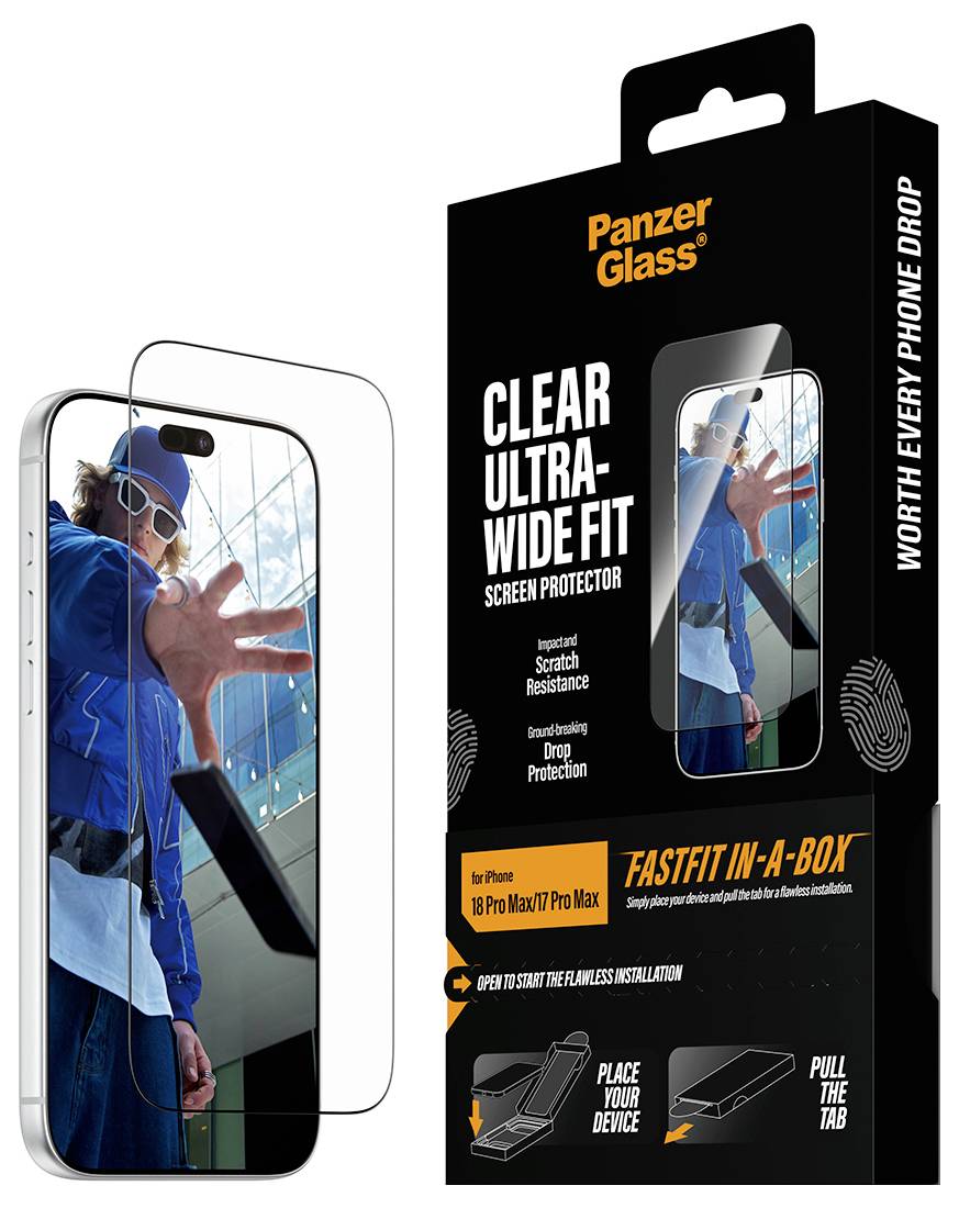 Panzerglas-Displayschutz-Verpackung neben einem Telefon, das einen klaren Ultra-Wide-Fit-Schutzfilm zeigt, der das Display vor Kratzern, Rissen und Stürzen schützt.