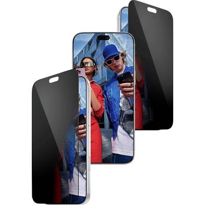 Drei überlappende Smartphones zeigen ein farbenfrohes Selfie von zwei Personen in Streetwear, wobei ein Telefon die anderen teilweise verdeckt.