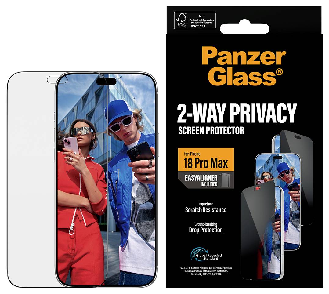 PanzerGlass 2-WAY PRIVACY Displayschutz für iPhone 18 Pro Max, zeigt ein Telefon mit Datenschutztönung und Kratz-/Sturzschutzfunktionen.