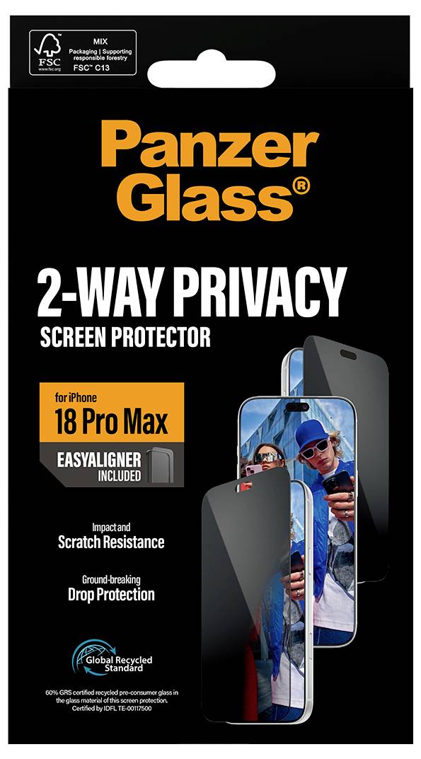 PanzerGlass 2-Wege-Datenschutz-Displayschutz für iPhone 18 Pro Max, mit einfacher Ausrichtungshilfe, recycelter Standard, Kratzer- und Sturzschutz.