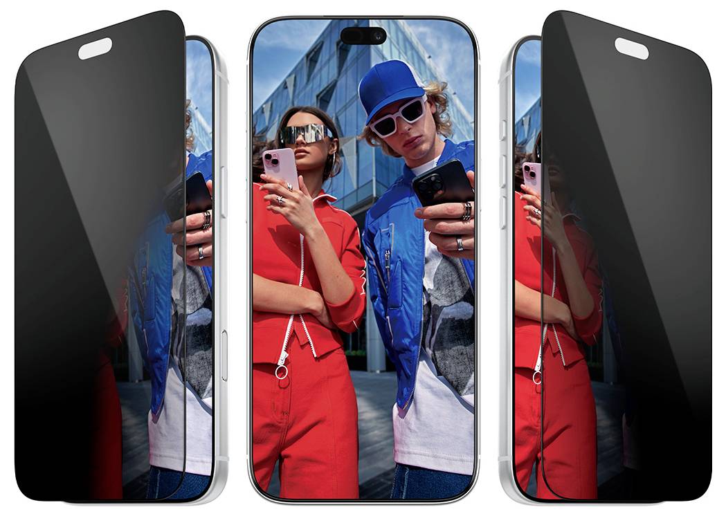 Drei Smartphones nebeneinander angeordnet, das mittlere Telefon zeigt zwei Menschen in roten und blauen Outfits, die ein Selfie machen.