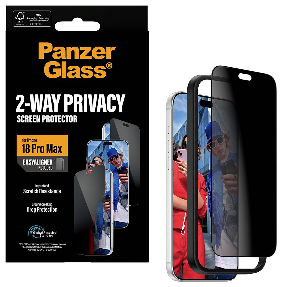 Panzer Glass 2-Wege-Displayschutzfolie mit Datenschutz für iPhone 18 Pro Max, dargestellt mit mehrschichtigen Telefonbildschirmen und Datenschutztönung.