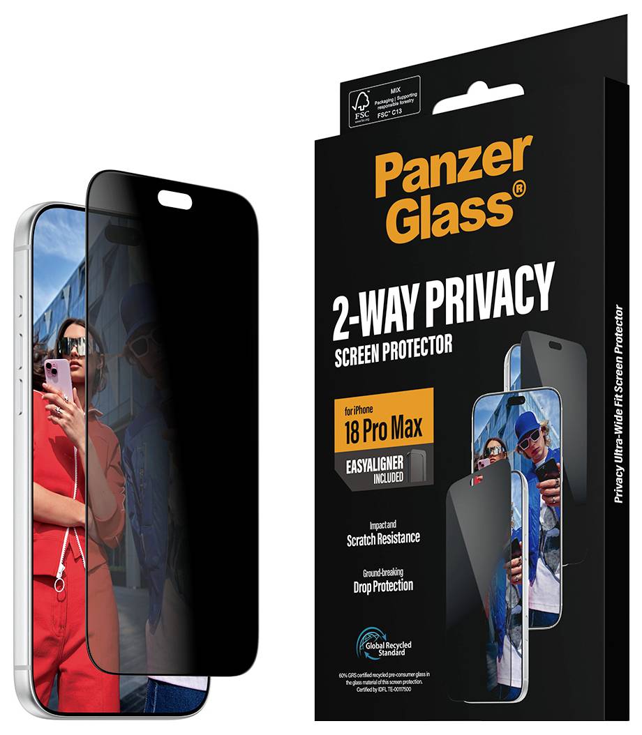 PanzerGlass 2-Wege-Datenschutz-Bildschirmschutz für iPhone 18 Pro Max, zeigt einen dunklen Datenschutzfilter, der die Seitensicht begrenzt und vor Kratzern und Stürzen schützt.