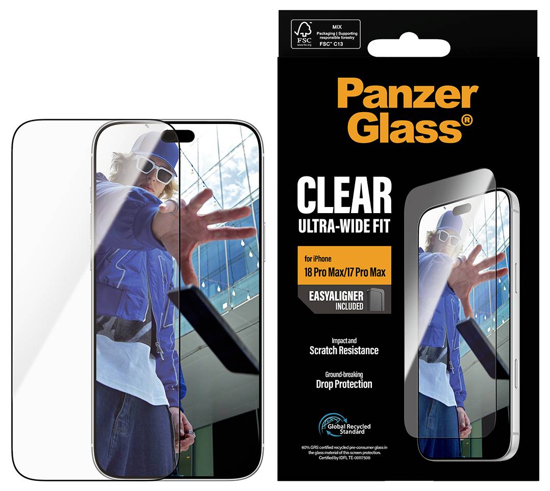 PanzerGlass Klarer Ultra-Wide Fit Displayschutz für iPhone 13 Pro Max/13 Pro Max, gezeigt mit Telefonbildschirm-Vorschau und Installationsfunktionen.