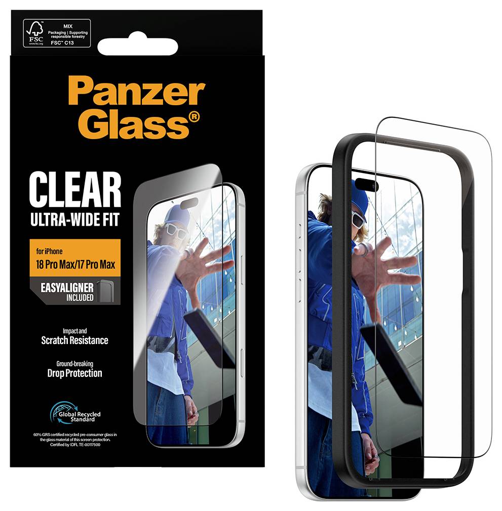 Panzer Glass Displayschutzfolie Verpackung und Produktbild für iPhone 18 Pro Max/17 Pro Max, mit der Bezeichnung „Clear Ultra-Wide Fit" und „EasyAligner enthalten".