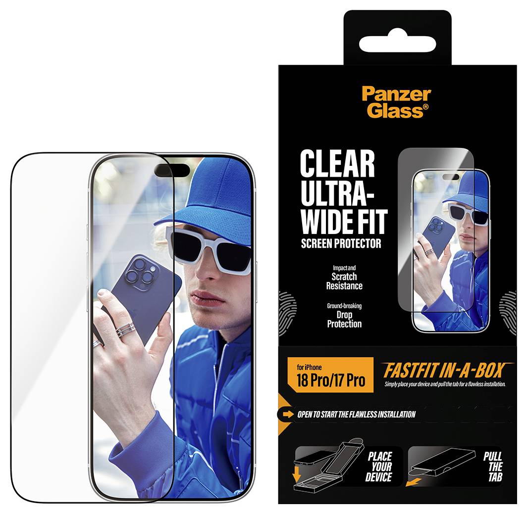 PanzerGlass Klare Ultra-Wide Fit Displayschutzfolie für iPhone 18 Pro/17 Pro, gezeigt mit Installationsgehäuse und Telefonanzeige, hervorgehoben Kratzer- und Sturzschutz.
