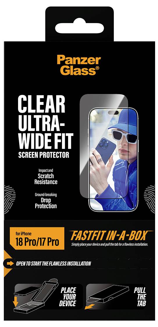 Verpackung für PanzerGlass Clear Ultra-Wide Fit Displayschutzfolie für iPhone 18 Pro/17 Pro, mit FastFit in einer Schachtel und Kratzschutz-/Sturzschutzansprüchen.