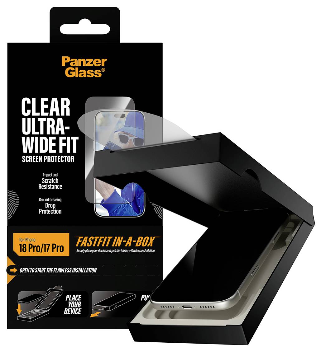 PanzerGlass klarer Ultra-Breitformat-Displayschutz für iPhone 18 Pro/17 Pro, zeigt schnelle Installationsbox und Telefondisplayschutz.