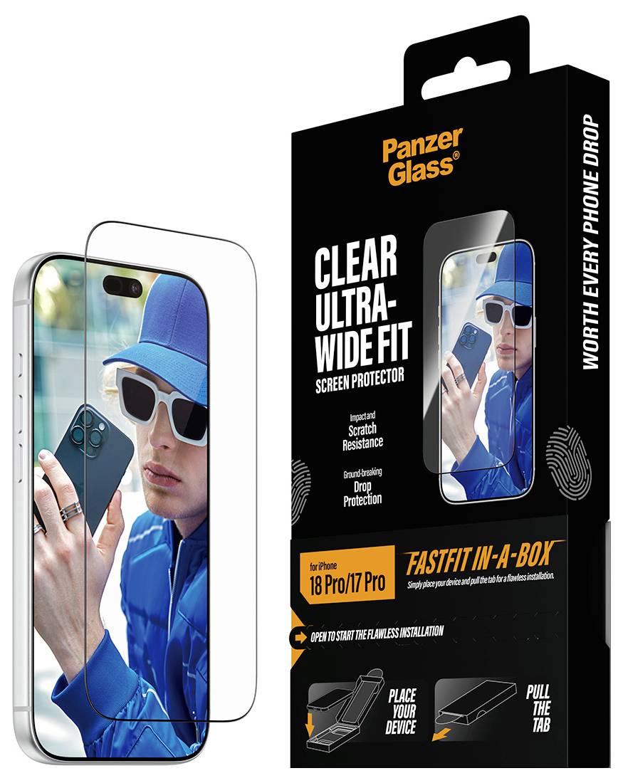 PanzerGlass Clear Ultra-Wide Fit Displayschutzfolie Verpackung neben einem Telefon, das den Schutzfolie und das Gesicht einer Person auf dem Display zeigt, mit Hervorhebung des Kratz-, Stoß- und Sturzschutzes.