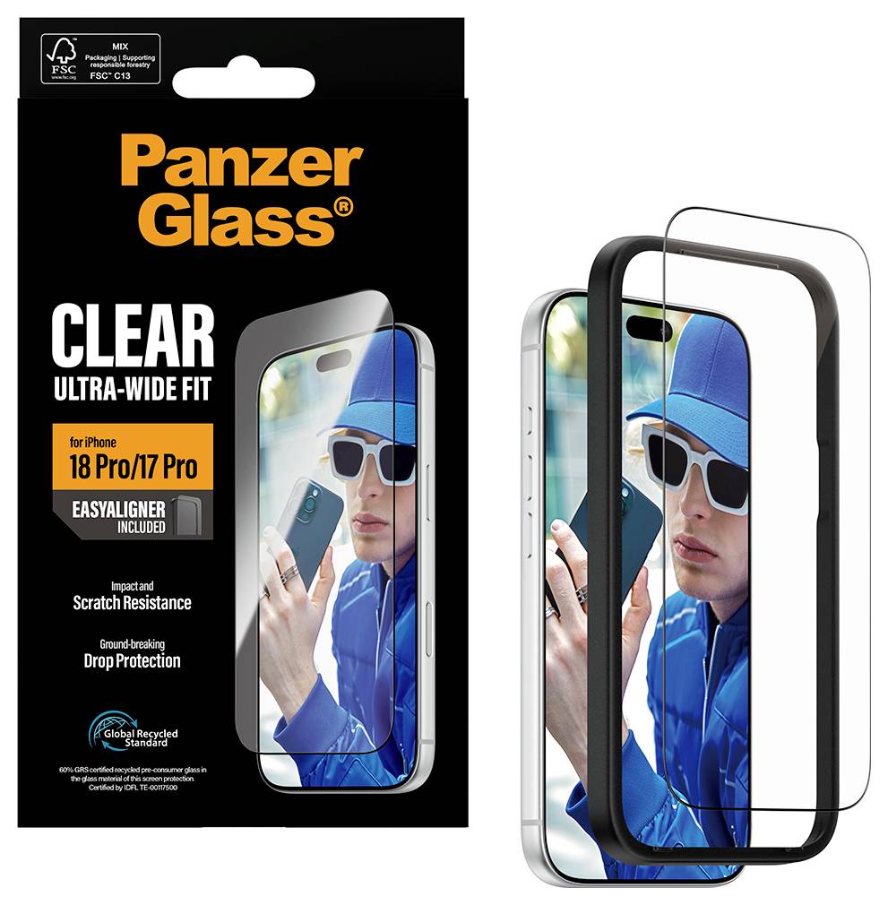 Panzer Glass klarer Ultra-Wide-Fit Displayschutz für iPhone 18 Pro/17 Pro, mit einfacher Ausrichtungshilfe, zeigt Telefonbildschirm und Kanten-zu-Kanten-Schutz.
