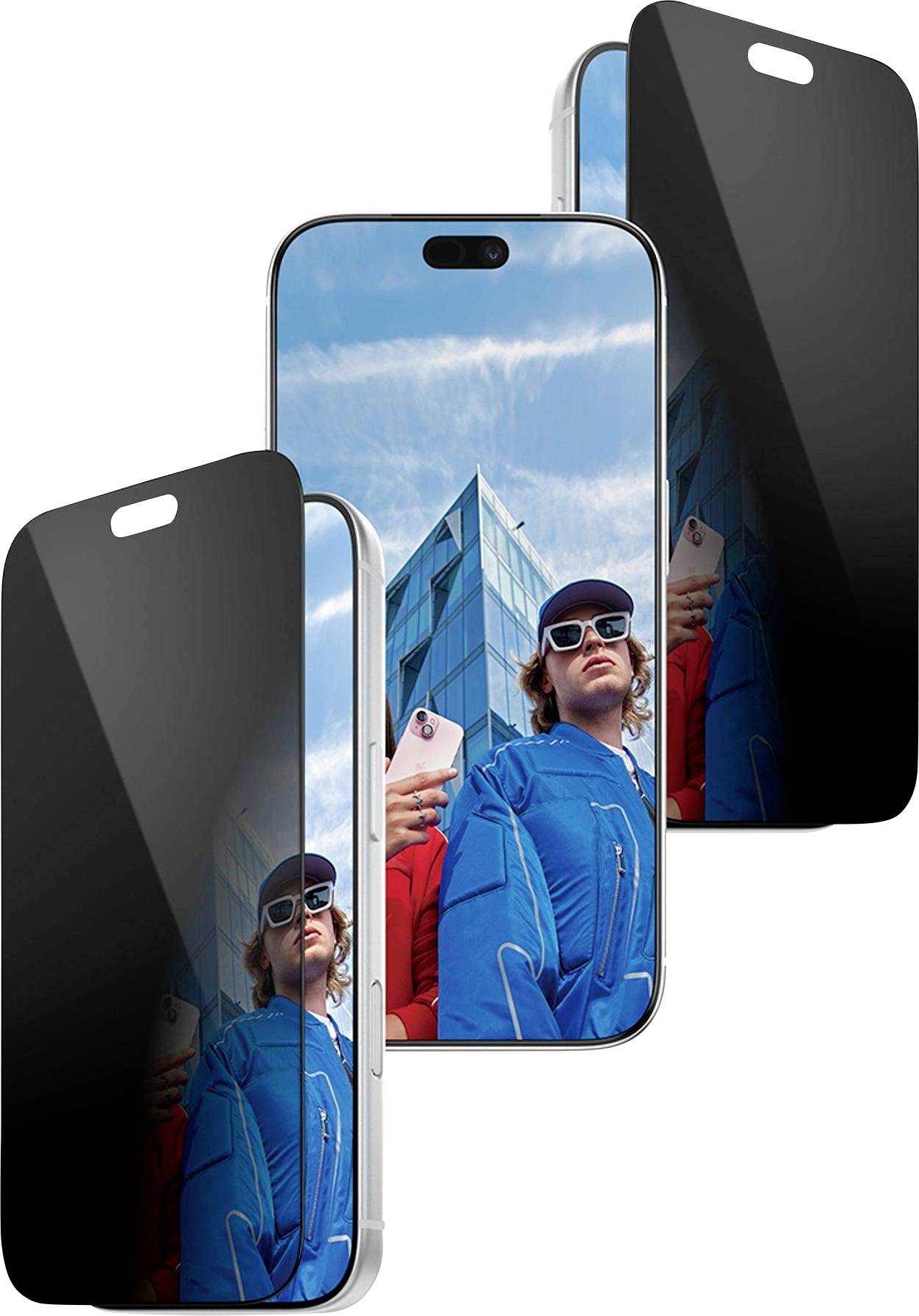 Drei Smartphones mit reflektierenden schwarzen Bildschirmen, eines zeigt eine Person in blauer Jacke und Sonnenbrille, die ein Selfie vor einem Gebäude macht.