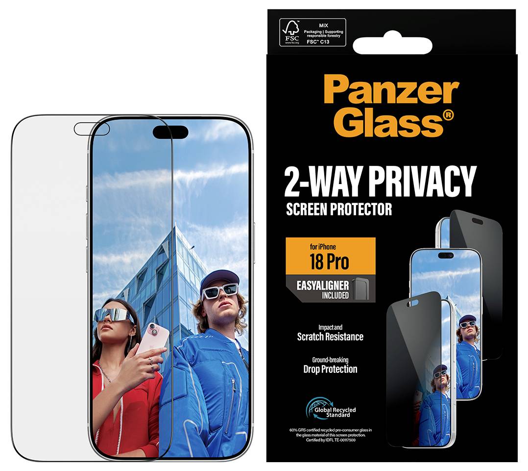 Verpackung und Telefonmodell für PanzerGlass 2-Wege-Datenschutzbildschirmschutz für iPhone 18 Pro, das den Datenschutzeffekt und den Schutz vor Kratzern/Stürzen zeigt.