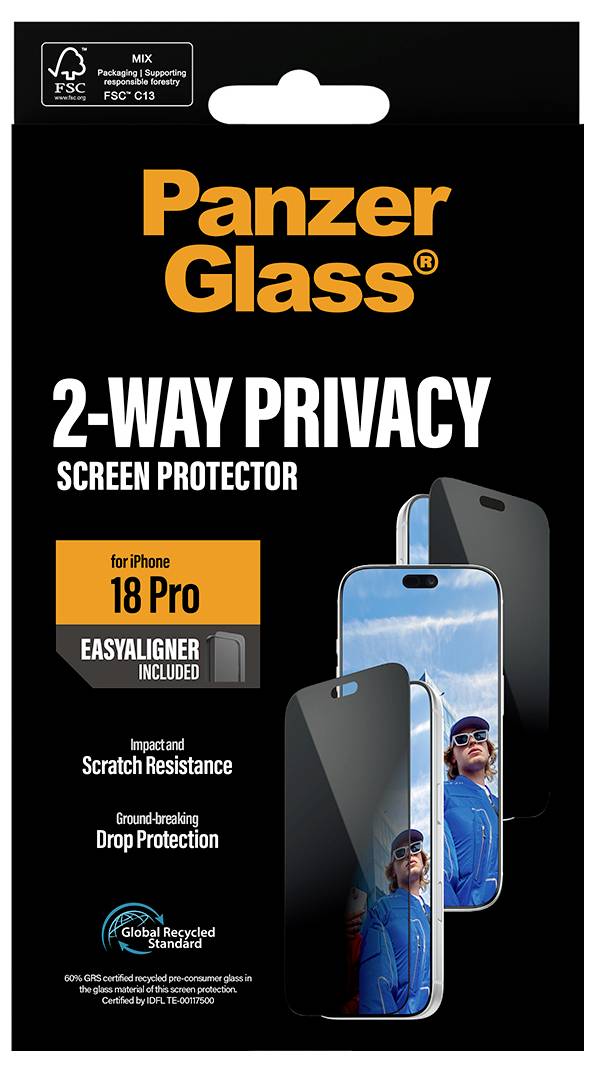 PanzerGlass 2-Wege-Datenschutz-Displayschutz für iPhone 18 Pro, mit einfacher Ausrichtungshilfe und Schutz vor Kratzern und Stürzen.