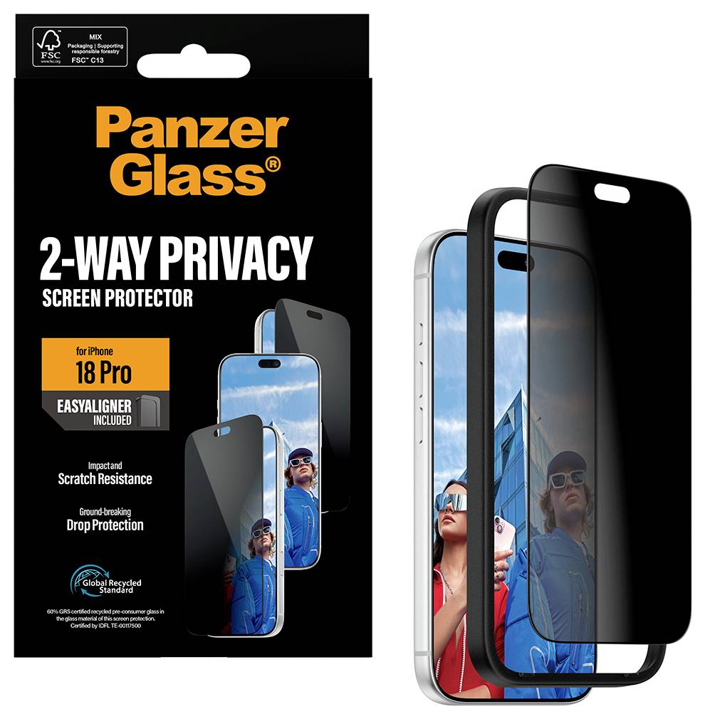 PanzerGlass 2-Way Privacy Screen Protector für iPhone 18 Pro, mit dunklem Datenschutzfilter, der die Sichtbarkeit von der Seite begrenzt und EasyAligner einschließt.
