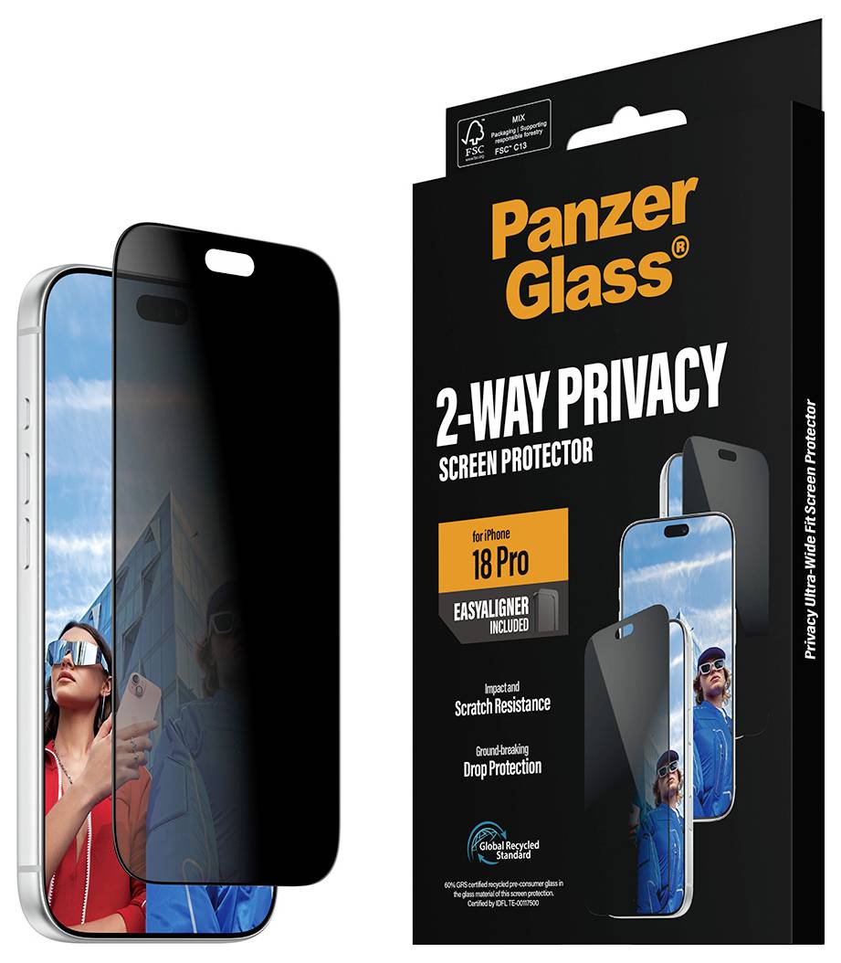 PanzerGlass 2-Wege-Datenschutz-Displayschutz für iPhone 18 Pro, gezeigt auf Telefonen und Einzelhandelverpackung, mit Kratz- und Sturzschutz-Ansprüchen.