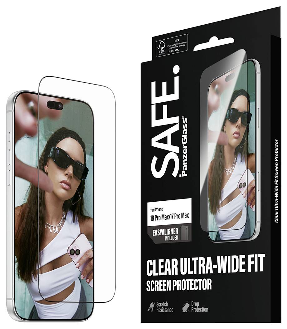Paket für SAFE. PanzerGlass klarer Ultra-Wide-Fit-Displayschutz für iPhone 16 Pro Max/17 Pro Max, dargestellt mit einem Telefon und transparentem Schutz.