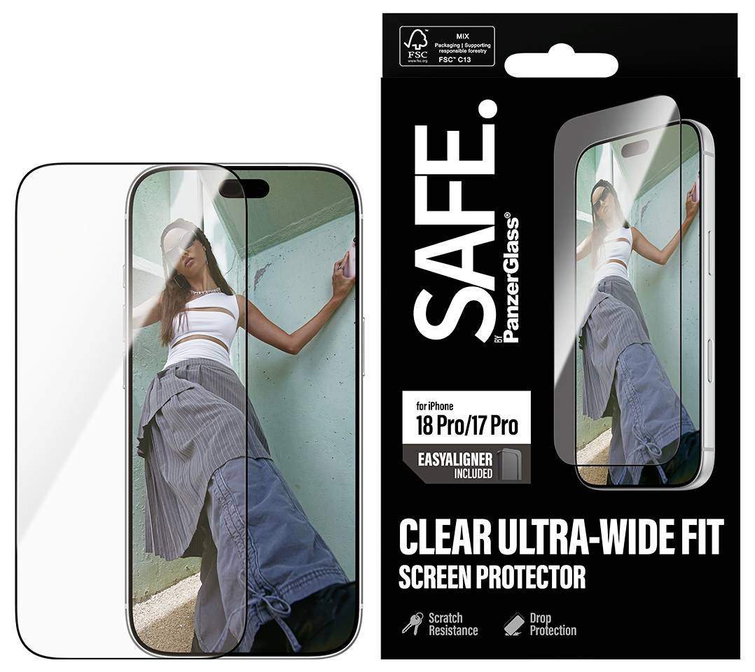 Verpackung für SAFE. PanzerGlass klarer Displayschutz im Ultra-Wide-Fit-Format für iPhone 18 Pro/17 Pro, angebracht auf einem Telefon.