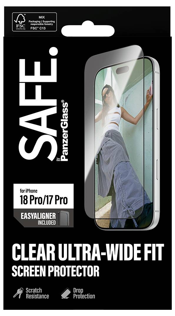 Verpackung für SAFiO PanzerGlass Ultra-Wide-Fit Displayschutzfolie für iPhone 18 Pro/17 Pro mit enthaltenem Easy Aligner und Kratzer-/Sturzschutz-Garantien.