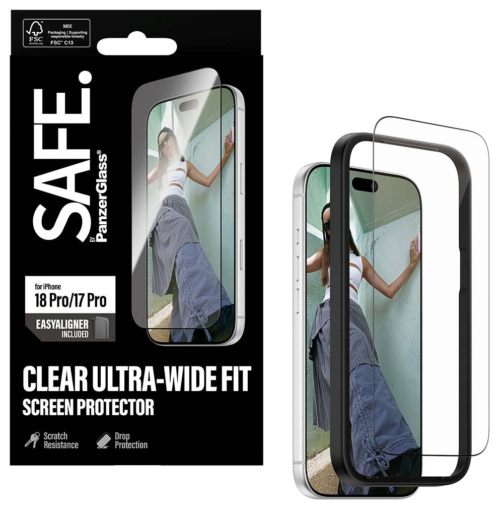 Verpackung für SAFE PanzerGlass Displayschutzfolie für iPhone 18 Pro/17 Pro, mit ultrabreitem klarem Sitz und mitgeliefertem Ausrichtungsrahmen.