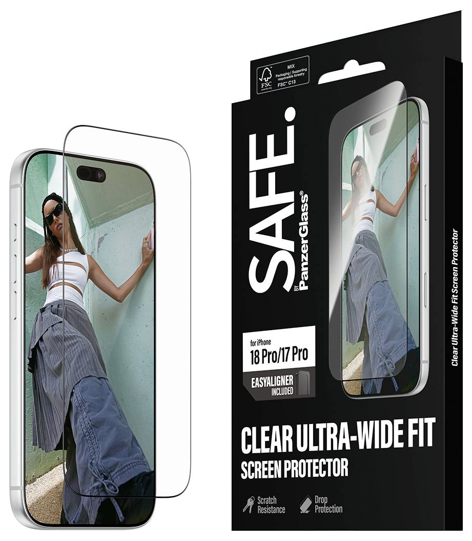 Bild eines SAFE. Panzerglas klarer ultra-breiter Displayschutz für iPhone 18 Pro/17 Pro, gezeigt auf einem Telefon und Einzelhandelverpackung.