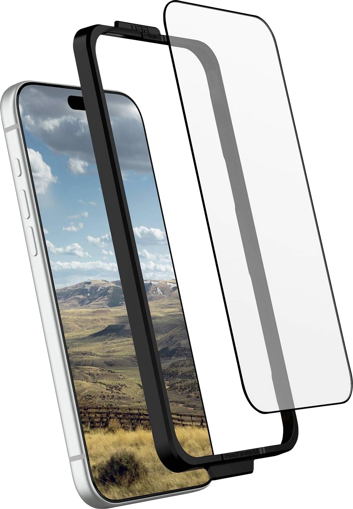 Explodierte Ansicht eines Smartphone-Displayschutzes mit schwarzem Rahmen und klarem Glas, das über einem Telefondisplay ausgerichtet ist.