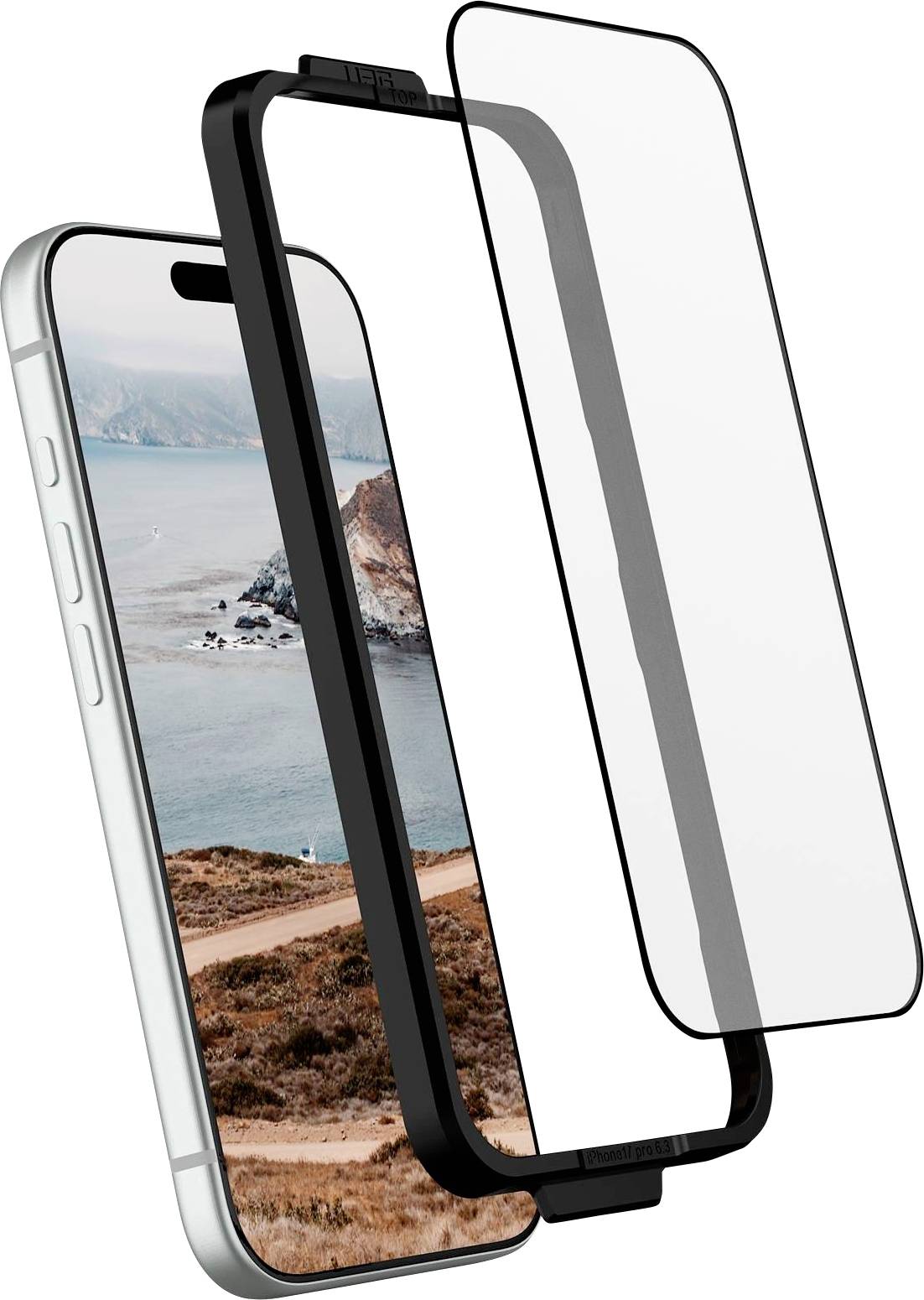 Explosionsdarstellung einer Smartphone-Displayschutz-Schutzhülle mit schwarzem Rahmen, der an einem Telefon ausgerichtet ist, zeigt, wie sie über das Display passt.