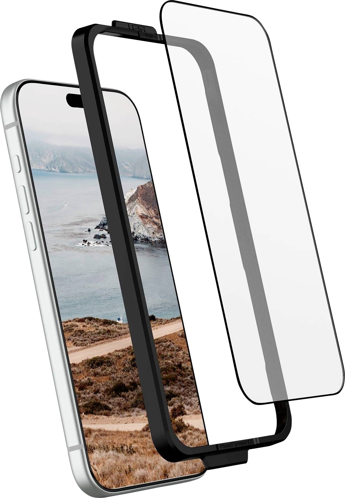 Drei Smartphone-Displayschutzfolien, bestehend aus einem schwarzen Datenschutz-Rahmen und klarem Glas, in einer gestapelten Explosionsdarstellung über einer Telefonanzeige dargestellt.