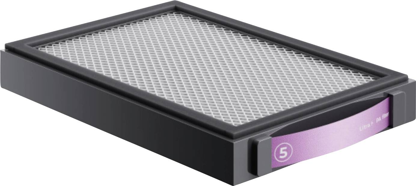 Schwarze rechteckige Luftfilterpatrone mit gefaltetem weißem Filtermaterial und einem rosa Etikett mit der Aufschrift „5".