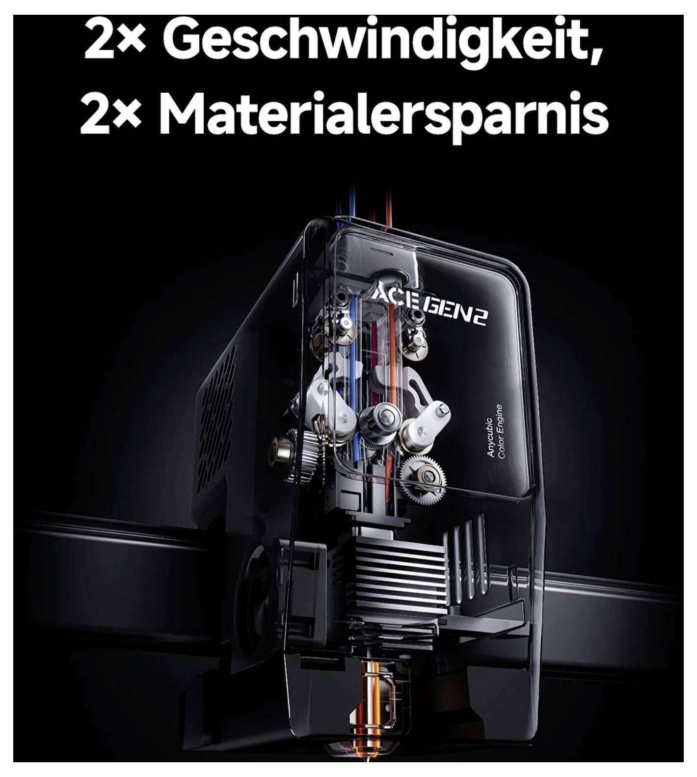 Werbebild einer ACEBENE-Industriemaschine mit dem Text „2× Geschwindigkeit, 2× Materialersparnis", das höhere Geschwindigkeit und Materialeinsparungen hervorhebt.