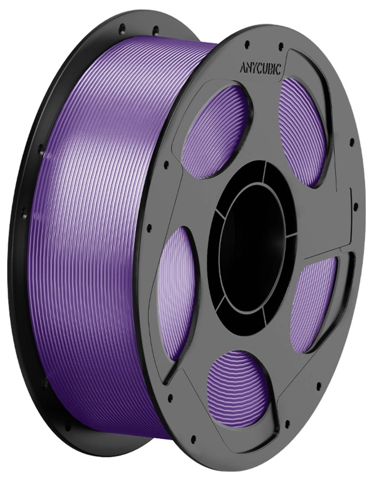 Spule mit violettem 3D-Drucker-Filament auf einer schwarzen Spule, beschriftet mit Anycubic.