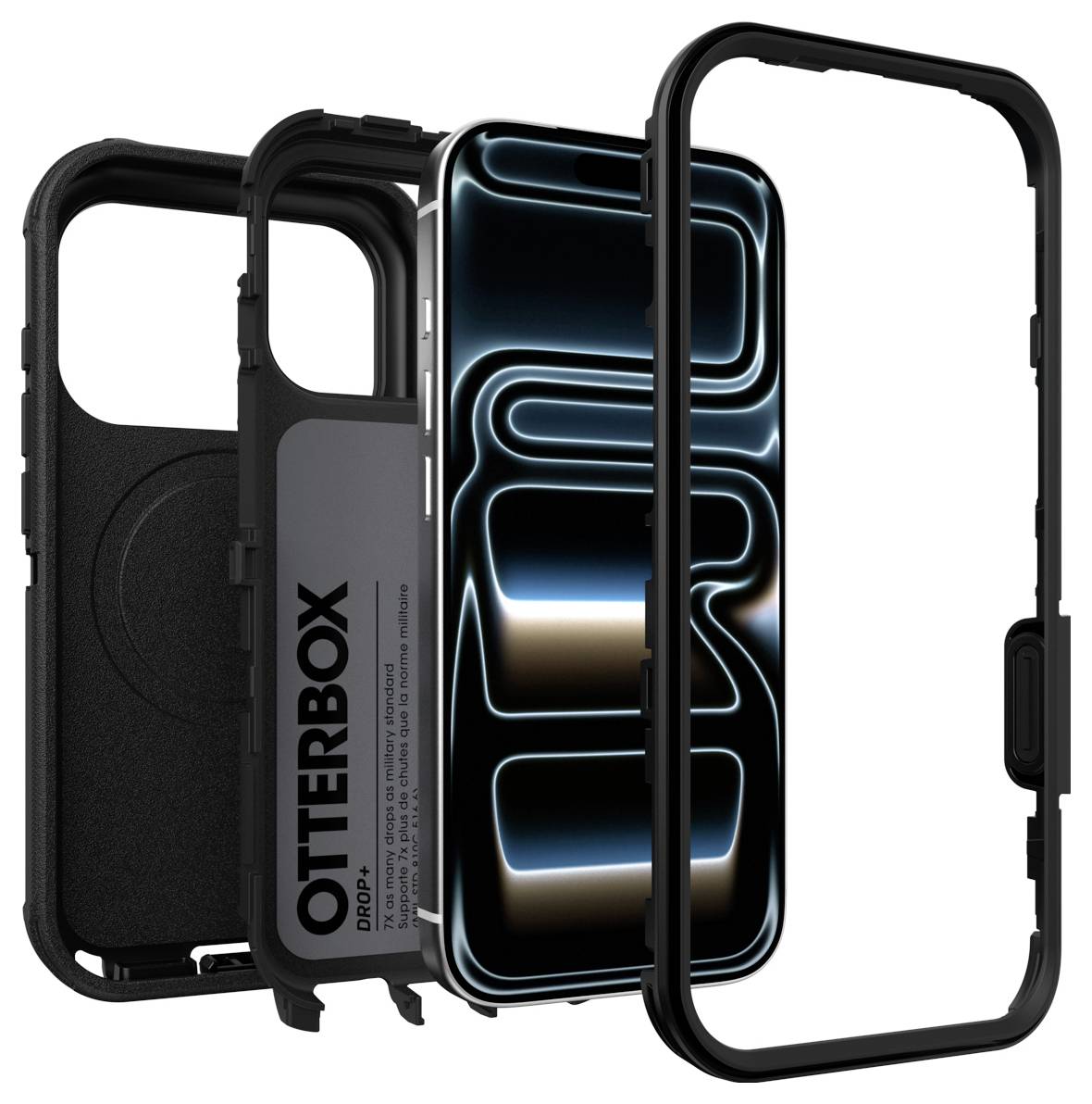 Dreiteiliges schwarzes OtterBox-Handyschutzhülle in Explosionsdarstellung mit innerer Schale, bedrucktem Branding-Panel und äußerem Bumper-Rahmen um ein Smartphone.