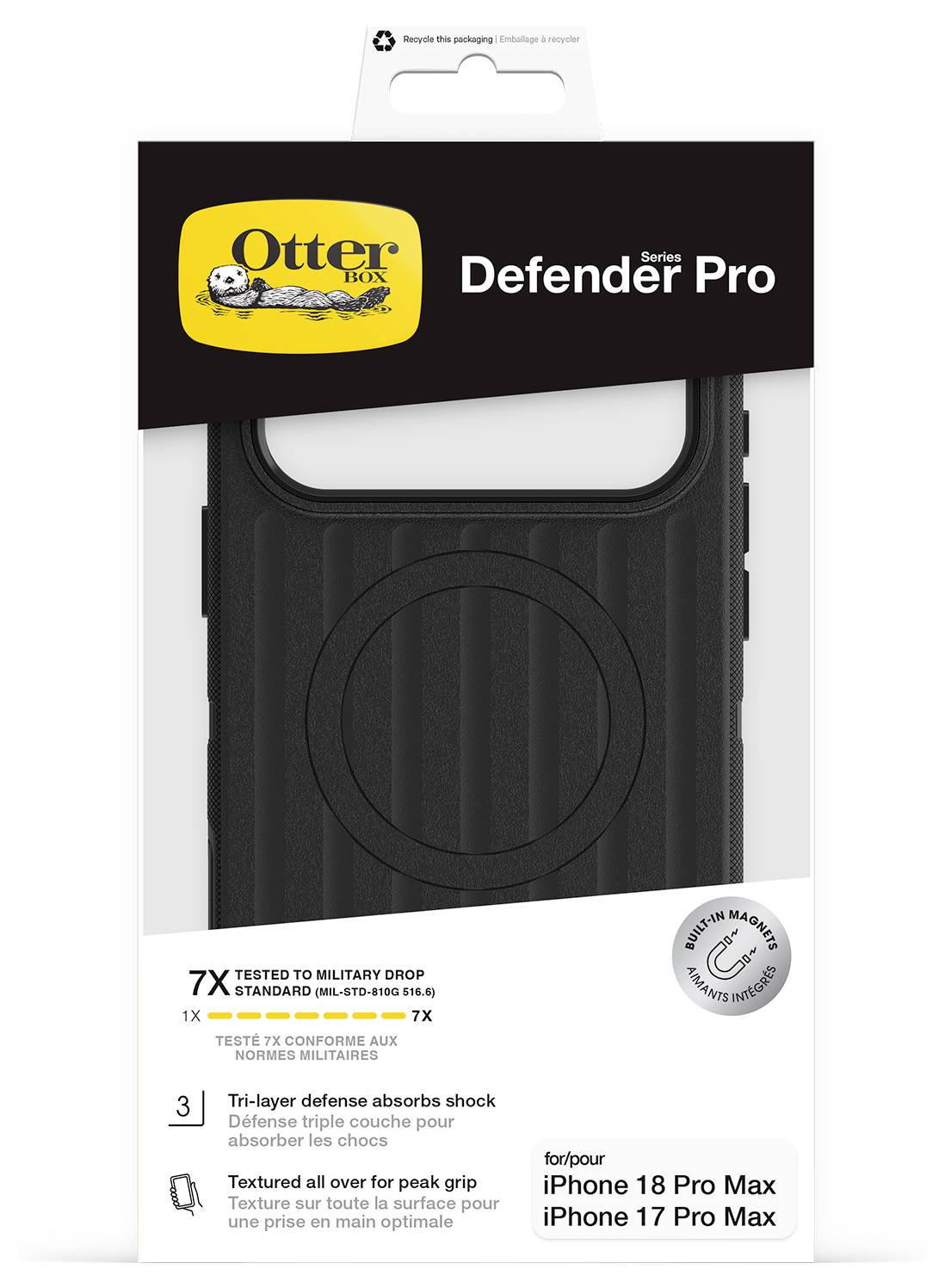 OtterBox Defender Pro Handyhülle Verpackung für iPhone 18 Pro Max und iPhone 17 Pro Max, zeigt 7X Fallschutz und strukturierte Griffigkeit.