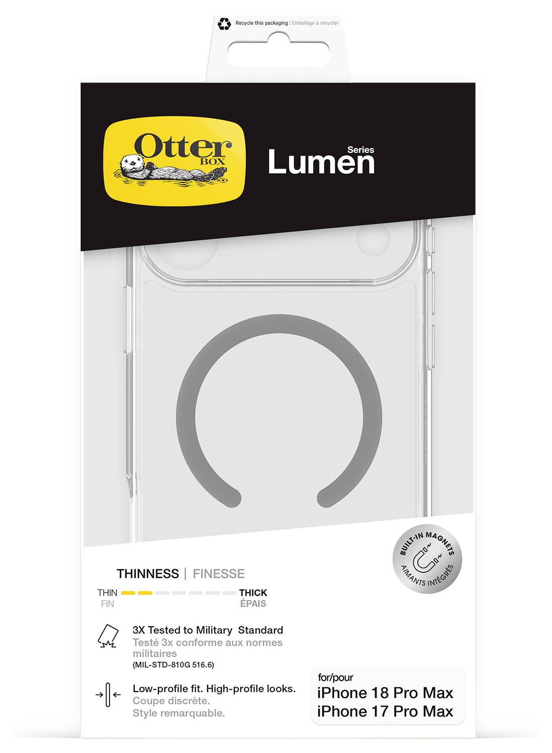 OtterBox Lumen Fallverpackung für iPhone 18 Pro Max und iPhone 17 Pro Max, die ein transparentes dünnes Gehäuse und eine Behauptung von „3X Getestet nach Militärstandard" zeigt.
