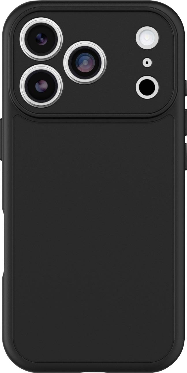 Schwarze Smartphone-Schutzhülle mit großem erhöhtem Kameraausschnitt für drei Objektive, Blitz und Sensor, von hinten dargestellt.